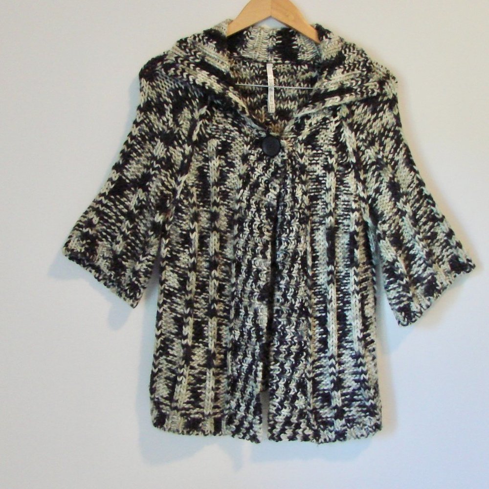 Chunky Knit Wool Blend Cardigan Sweater 3/4 Sleeve Black Cream Gray Size Large